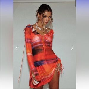 Selfie Leslie Bohemia Tied Bust Long Sleeve Dress Sheer Mesh Orange NEW Large